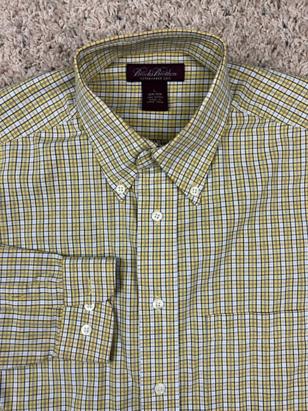 Brooks Brothers Button Up Dress Shirt Yellow White Plaid Size Large Cotton